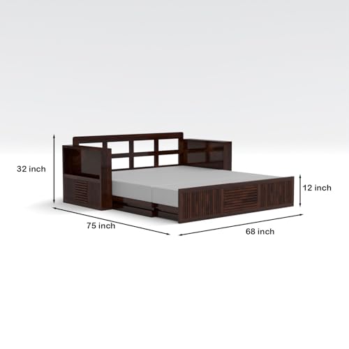 Image of Kunjal Furniture Solid Sheesham Wood Sofa Cum Bed with Storage for Living Room | Natural Finish | 3-Seater Convertible Sofa Bed | Handmade Wooden Furniture (Walnut, Europian)