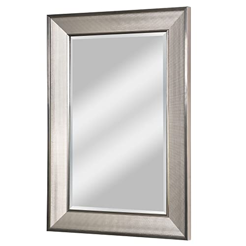 Head West Brushed Nickel Pave Textured Rectangular Framed Wall Vanity Mirror - Rustic Beveled-Edge Bathroom Mirror With 4 D-Ring Hangers For Vertical & Horizontal Placement - 24" X 36" #TOP15