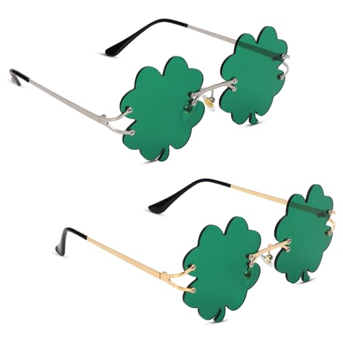 2 Pairs Four-leaf Clover Glasses, St. Patrick's Day Irish Shamrock Sunglasses Green Costume Glasses St. Patrick's Day Accessories for Women Men Party Supplies (Dark Green)