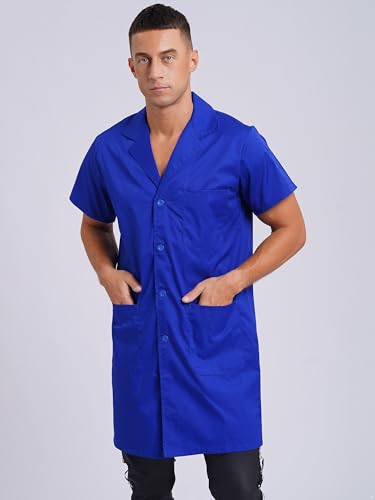 Image of Oyolan Unisex Wear Resistant Work Coat Lapel V Neck Short Sleeve Front Button Dustproof Jacket Lab Coat