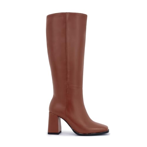 Image of Knee High Boots for Women - Wide Calf Boots with Zipper, Square Toe Tall Leather Boots, Chunky Heel Fashion Long Boots