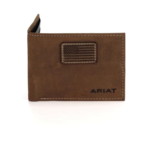 ARIAT Men's Genuine Leather Bifold Wallet, USA Flag Patch,...