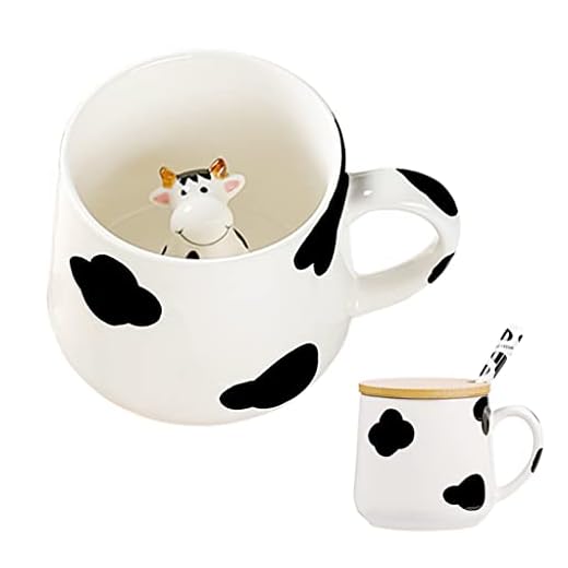 BigNoseDeer Cute Ceramic Cow Coffee Mug with 3D Cartoon Animal Inside Kawaii Tea Cup with Spoon and Lid Cool Cow Print Stuff Christmas Birthday Mother's Day Novelty Gifts for Women Kids 11oz (Cow)