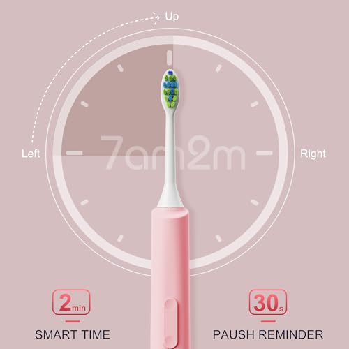 Image of 7AM2M Sonic Electric Toothbrush, High Power Rechargeable Toothbrushes, 5 Modes with 2 Minutes Built in Smart Timer, with 4 Brush Heads for Adults and Kids, One Charge for 60 Days (Pink)