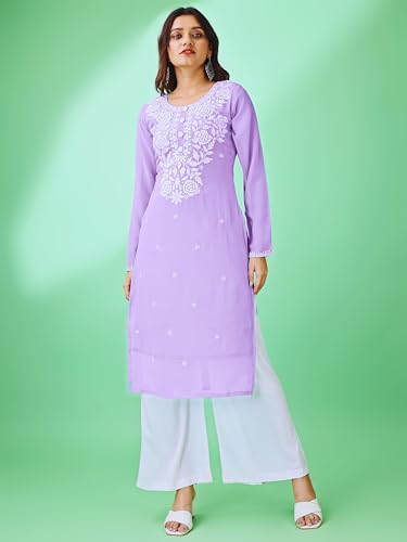 Image of HESVI Women's Georgette White Lakhnavi Chikankari Kurti with Intricate Embroidery Work