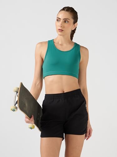 Image of TECHNOSPORT Women's Solid Slim Fit Scoop Neck Sports Bra ELASTOPLUS 4-Way Stretch Sleeveless Polyester Quick Dry UPF50+ for Gym Yoga Running