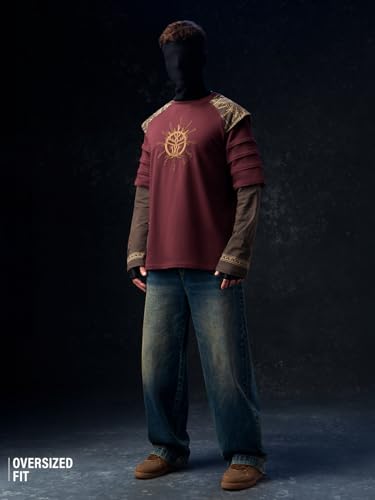 Image of The Souled Store Vikings: Longship Men and Boys Short Sleeve Rpund Neck Brown Embroidered Cotton Oversized Lightweight Breathable Drop Shoulder Streetwear T-Shirts