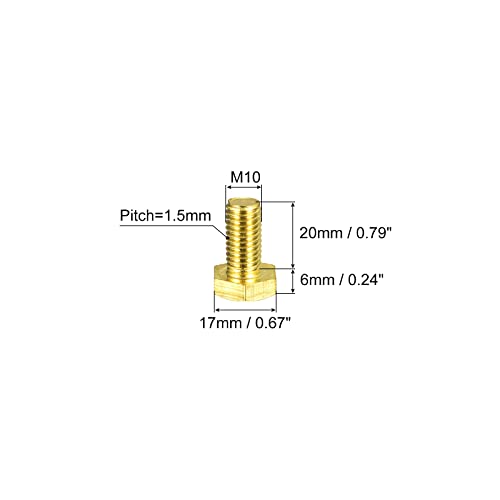 Image of uxcell Brass Hex Bolts, M10x20mm 5pcs Fully Thread Grade 4.8 Solid Brass Hexagon Head Bolt Machine Screws for Machinery