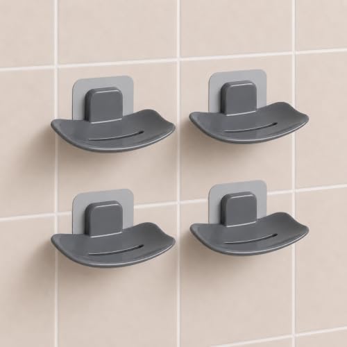 Image of Self-Adhesive Soap Holder for Bathroom (Pack of 4 Black) Wall Mounted No-Drill Soap Stand with Water Drainage | Strong Sticker Plastic Soap Dish for Wash...