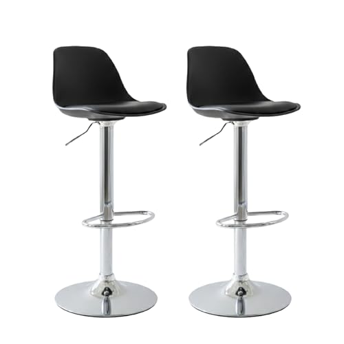 Vaukura Taburete de Bar Juego de 2 | Taburetes Regulables en Altura en Piel Sintética Negro | Taburete de Cocina Giratorio 360° | Base de Acero Cromado con reposapiés | Estilo Moderno Cocina y Barra