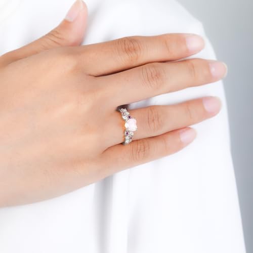 Pink Opal Engagement Rings for Women, Heart-shaped Opal Ring 925 Sterling Silver Wedding Bands for Women Promise Rings for Her Travel Wedding Ring Size 3-103