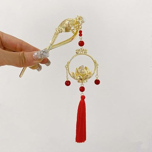 Image of 1pcs of Chinese Hair Sticks for Buns, Pearl Flower Vintage Metal Hair Chopsticks for Women and Girls Dangle Tassel Pendant Hair Accessories Hanfu Handmade Decor Hairpin (RED BANANA 2)