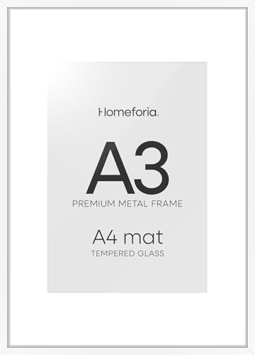 Image of Homeforia A3 Picture Frame White, High End Metal 11.7 x 16.5 inch Poster Frames with Mat 8.3 x 11.7 for Photo, A3 Size Frames Matted to A4 Print, 11.7x16.5 Wall Hanging Frame, Tempered Glass, Set of 1