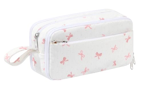 Corduroy Pencil Case Large Capacity Pencil Pouch with 4 Compartments Cute Soft Aesthetic Stationery Pen Bag Organizer with Zipper Portable School Supplies for Teen and Adult Girls Pink Bow