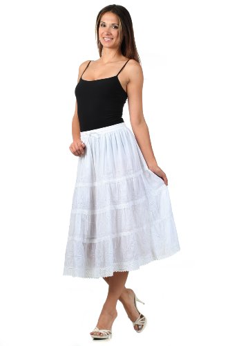 Sakkas Solid Embroidered Crochet Lace Trim Gypsy Bohemian Mid Length Cotton Skirt4