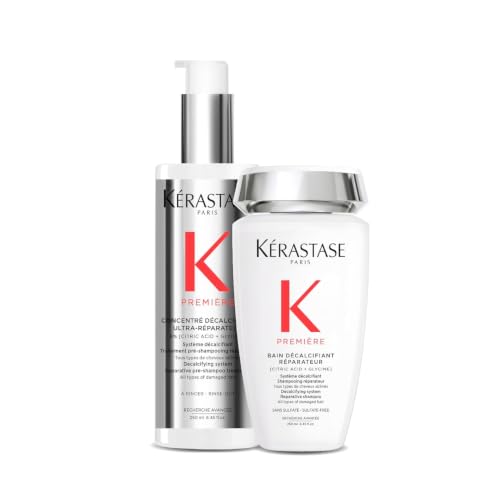 KÉRASTASE Première, Rutina Ultra-Reparadora para Cabello Dañado, Fórmula Reparadora con Ácido Cítrico y Glicina, Sin Sulfatos, Bain Décalcifiant Réparateur + Concentré Décalcifiant Ultra-Réparateur