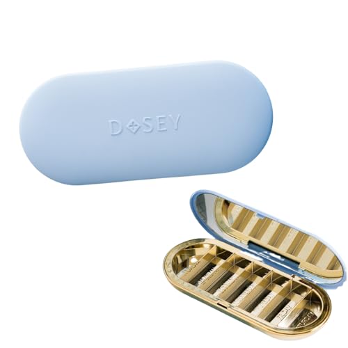 Image of Dosey 7 Day Pill Compact Travel Pill Organizer - Pill Case with 7 Pill Compartments for Medicine Storage & Protection - Stylish & Elegant Medication Organizer with Mirror (Blue)