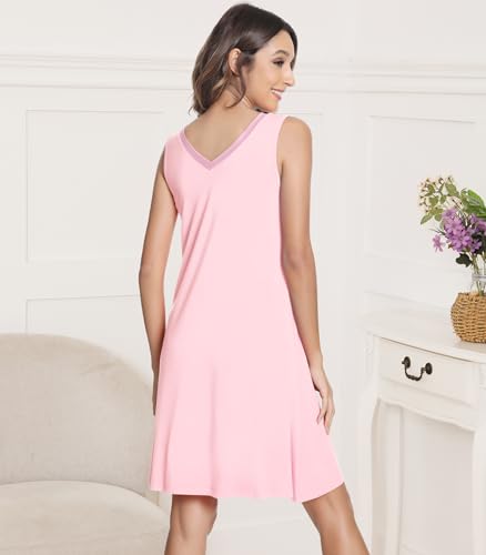 Image of NACHILA Nightgowns for Women-Viscose Made from Bamboo V Neck Nightshirts | Sleeveless Sleep Dress,Satin Sleepshirts,Anti-pilling nightshirt,Moisture-wicking Sleepwear for night sweats,Cooling,OEKOTAX