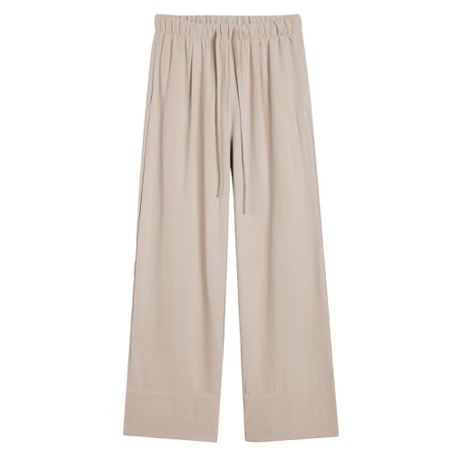 Ainangua Women Linen Palazzo Pants Casual Elasticated Drawstring Waist Wide Leg Trousers Trendy Beach Travel Outfits(Khaki,L)2