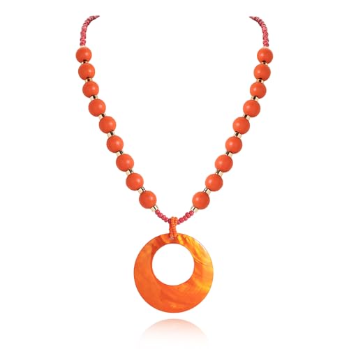 Coiris Shell Pendant Necklace for Women Long Natural Wood Beads Bohemian Handmade Chunky Jewelry for Women
