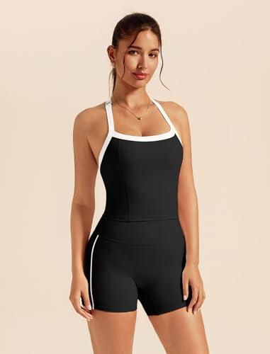 OMEWEE Womens workout sets 2 piece Halter Sports Bra and high waist Shorts Color Contrasting lines yoga matching set black M — view 3