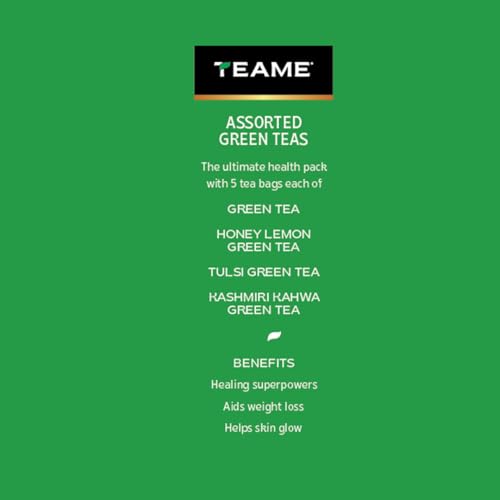 Image of TE-A-ME Assorted Green Tea Bags, 20 Count | Green Tea Sampler with Kashmiri Kahwa, Tulsi, Honey Lemon & Classic | Natural Antioxidants