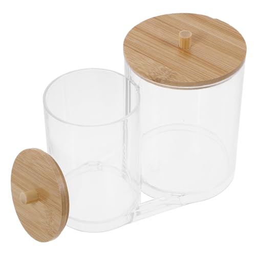 Amosfun Organizador de Algodón Acrílico Transparente con Tapa de Madera Caja Apilable para Hisopos y Discos de Maquillaje Almacenamiento Duradero para Baño y Tocador