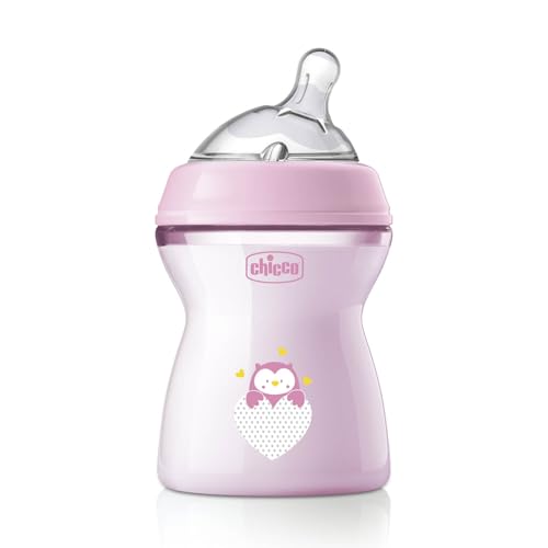 Chicco NaturalFeeling Biberón Anticólicos 2+ Meses, 250 ml, con Tetina Inclinada de Silicona Suave y Doble Válvula Anti Cólicos, Alimentación Natural y Lactancia Mixta - Rosa