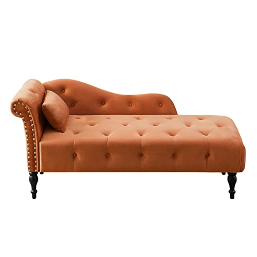 Tufted Upholstered Velvet Rolled Arm Chaise Lounges Indoor Chair, Right Arm Facing Chaise Lounge with Nailhead Trim for Living Room Bedroom Office(Orange) Tufted Upholstered Velvet Rolled Arm Chaise Lounges Indoor Chair, Right Arm Facing Chaise Lounge with Nailhead Trim for Living Room Bedroom Office(Orange)