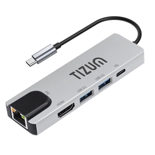Image of Tizum 5-in-1 USB C HUB with Ultra HD 4K HDMI @30Hz, 100W PD Charging, Ethernet 100Mbps, USB 3.0 5Gbps, USB 2.0, Aluminium Alloy Shell, Type C Multiport Adapter for MacBook, Laptop, Tablet, Plug & Play