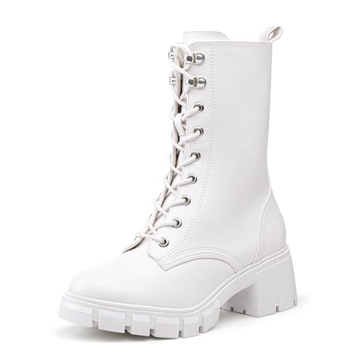 IDIFU White Combat Boots for Women Platform Mid Calf Lace Up Boots Lug Sole Low Chunky Block Heel Boots Closed Round Toe Side Zipper Booties Fashion Dress Comfortable Thick Fall Boots(White Pu, 9.5)