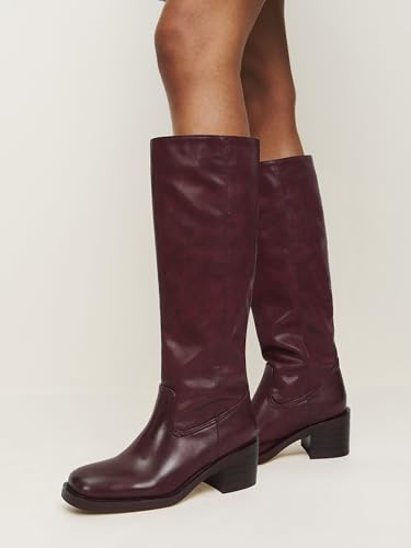 Image of DOEYG Women's Banana Knee High Boots Square Toe Chunky Block Heel Tall Boots Wide Calf Fashion Comfortable Casual Pull on Long Boots