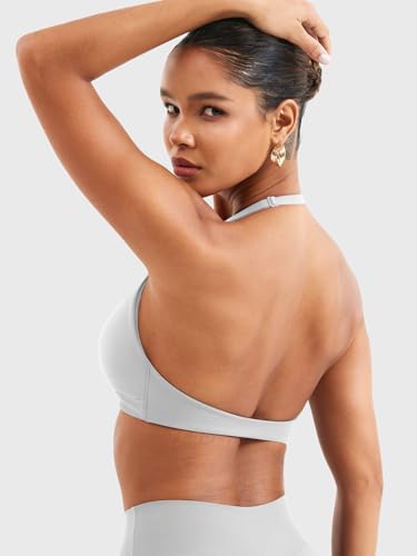Image of YEOREO Halter Sports Bras for Women Low Impact Removable Padded Adjustable Deep V Bra Seamless Workout Gym Crop Tops