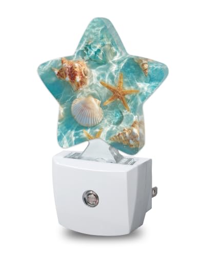 Image of Ocean Beach Starfish Seashells Star Night Light Plug in, Soft Glow Night Light for Kids Bedroom Nursery, Gentle Warm Light for Sleep, Compact Lamp for Hallway Bathroom