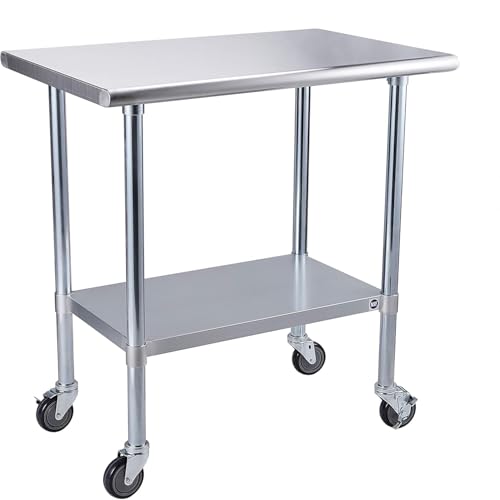 Image of ROCKPOINT Stainless Steel Table for Prep & Work with Caster Wheels 24x36 Inches, NSF Metal Commercial Kitchen Heavy Duty Table with Adjustable Under Shelf and Table Foot for Restaurant, Home and Hotel