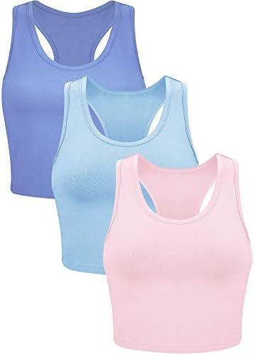 Boao 3 Pieces Crop Tops for Women, Workout Tops Basic Cropped Tank Tops Sleeveless Racerback Sports Gym Crop Tank for Teen Girls (Light Blue, Dark Blue, Pink, Large)