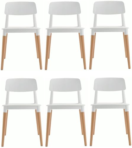 Image of Finch Fox Bella Molded ABS Plastic with Wood & American Mid-Century Styling Armless Side Dining Chairs for Home, Cafe, Restaurents, Living Room Chair in White Color (Set of 6)