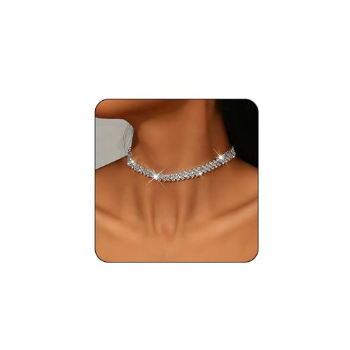 Rhinestone Choker Necklaces for Women Silver Diamond Choker and Earring Prom Jewelry Set for Women Sliver Choker Necklace Bridal Jewelry for Wedding Prom jewelry Gift for Women