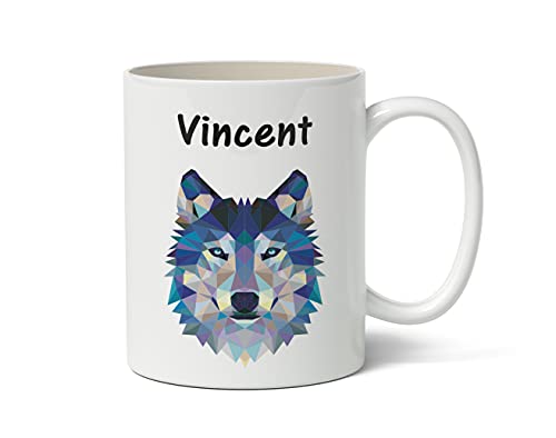 C51 Mug à personnaliser Loup polygones bleu, tasse à café, cadeau personnalisé, prénom, cadeau