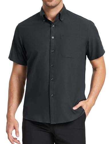 HISDERN Men's Black Shirts Short Sleeve Solid Regular Fit Button Down Shirts for Men Non Iron Formal Casual Office, L