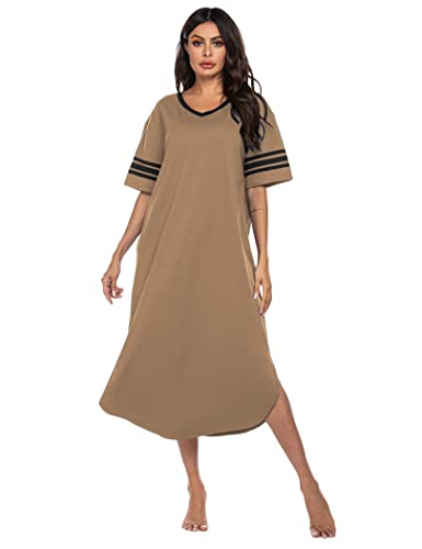 Ekouaer Oversized Nightgown For Womens V Neck Loungewear Loose Sleep Dress Soft Sleepshirts S-4Xl Brown #TOP1