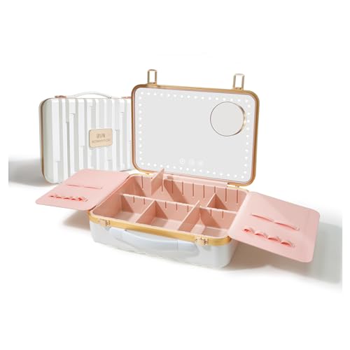 ROWNYEON Portable Travel Makeup Case With Light Up Mirror & Removable Divider - Train Case Organizer...