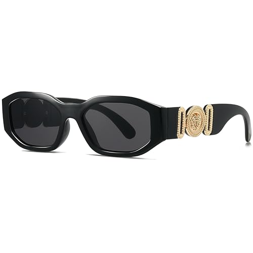 YouthMall Retro Rectangle Sunglasses for Women Men Trendy Thick Square Sun Glasses 90s Vintage Black Shades (Black/Gold/Grey)