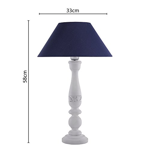Image of Homesake Handcrafted Wooden Table Lamp for Bedroom & Living Room | Decorative Bedside Reading Lamp with Fabric Shade, E27 Holder | Bulb Included | White Floral Carved Base for Home Decor, Blue