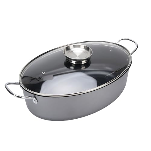 Pentola per la cottura a vapore del pesce, Pentola multifunzionale in acciaio al carbonio per la cottura del pesce, pentola ovale antiaderente con coperchio in vetro e cestello