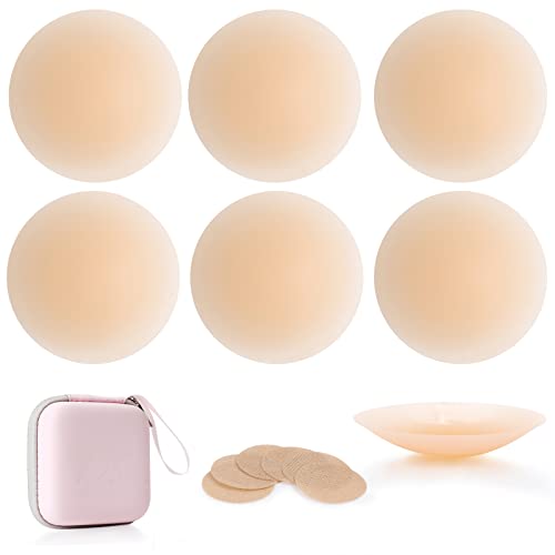 Nipple Covers 3 Pairs, Nipple Pasties For Women Reusable, Ultra Thin Pasties Nipple Covers Adhesive Silicone Breast Petals (Nude) With Travel Box #TOP4