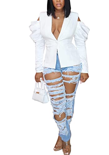 DINGANG Women's Casual Blazers Open Front Puff Sleeve Work Office Jackets Blazer