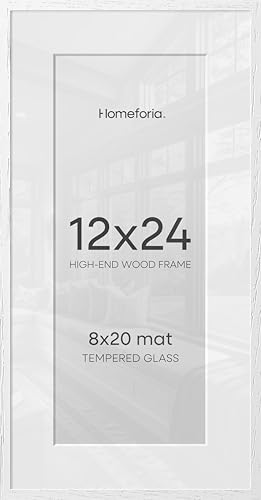 Image of Homeforia 12x24 White Picture Frame, High End Oak 12x24 Wood Poster Frames with Mat 8x20 Photo, 12 x 24 White Wooden Frames Matted to 8 by 20, 24x12 Panoramic Frame, Tempered Glass, Wall Kit, Set of 2