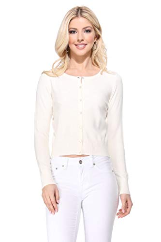 Image of Women's Cropped Cardigan Sweater - Long Sleeve Crewneck Basic Classic Casual Button Down Knit Soft Lightweight Top