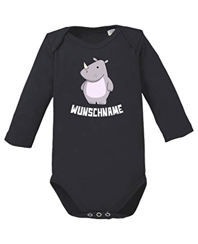 Comedy Shirts - Clipart Rhino - Wunschname - Baby Langarm Body - Schwarz/Weiss Gr. 86/92
